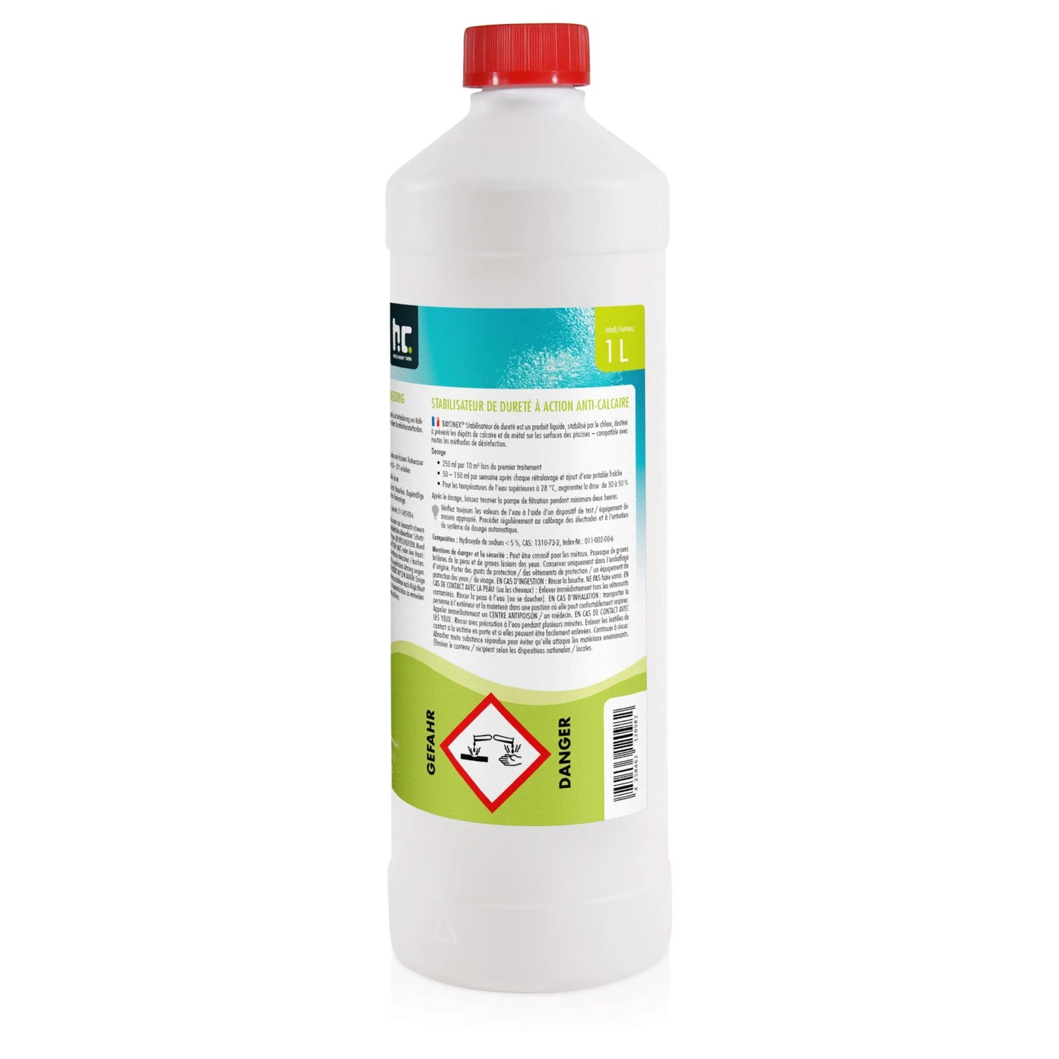 Flasche Baycinex Härtestabilisator 1l zur Kalkvermeidung für Pools.