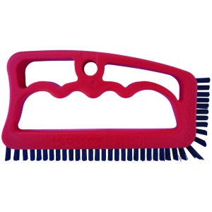 Patina-Fala Fugenbürste mit rotem Griff und blauen Borsten für die Reinigung von Fliesenfugen.