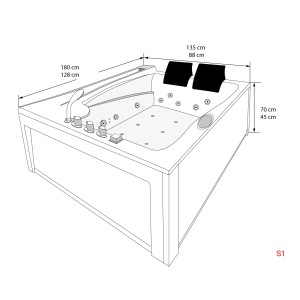 Skizze einer AquaVapore Whirlpool Badewanne 180x135cm mit Maßen. Rechteckige Eckwanne mit Armaturen und Nackenkissen.
