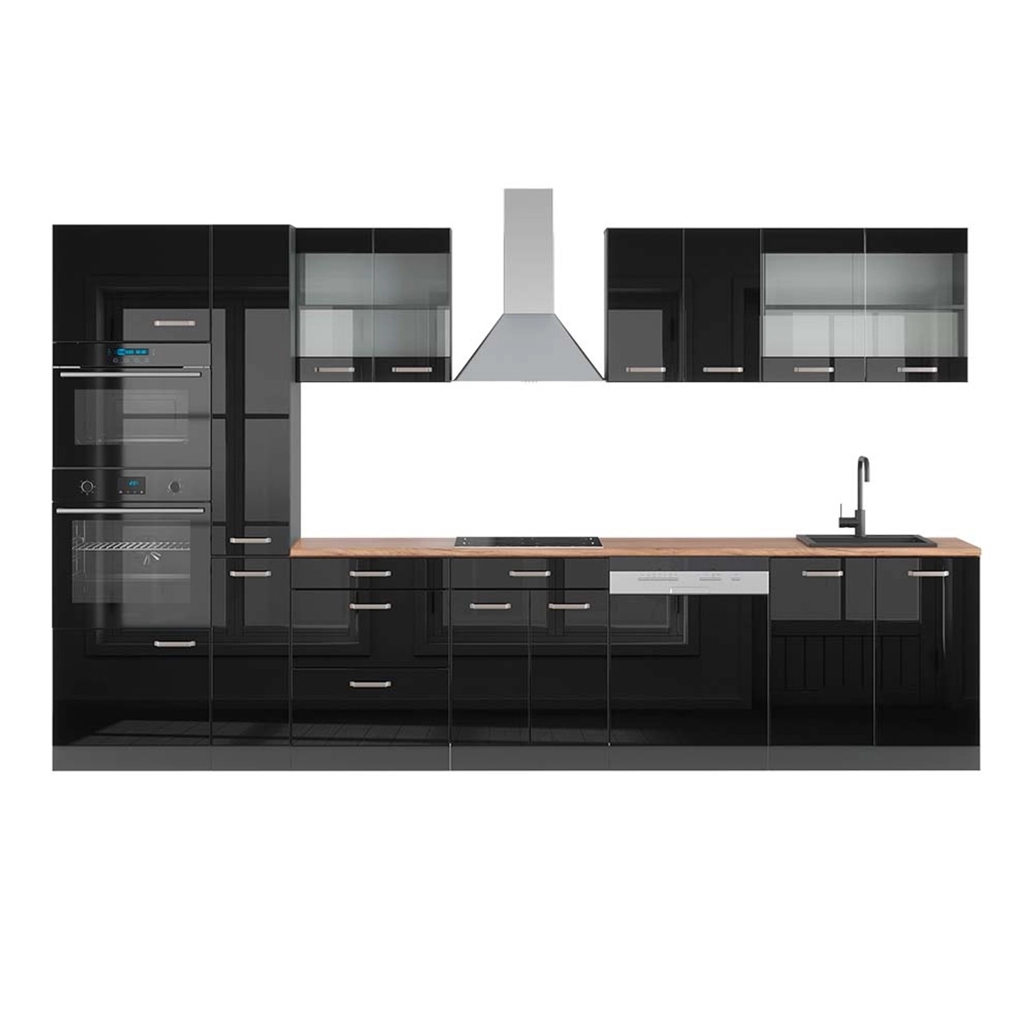Vicco R-Line Küchenzeile Schwarz Hochglanz/Anthrazit 350 cm mit Hochschrank günstig online kaufen