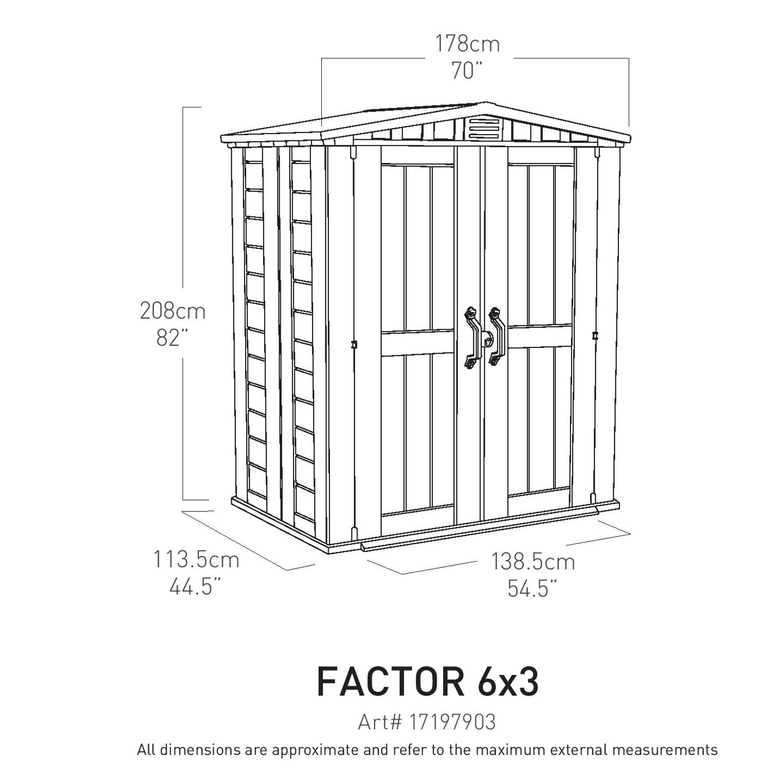 Skizze Keter Kunststoff-Gartenhaus Beige, Maße: 208x178x138,5 cm.