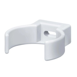 Weiße Inefa PVC Rohrschelle DN 50 mit Clip für Fallrohr-Wandmontage. Stabile Befestigung für Kunststoff-Dachrinnen.