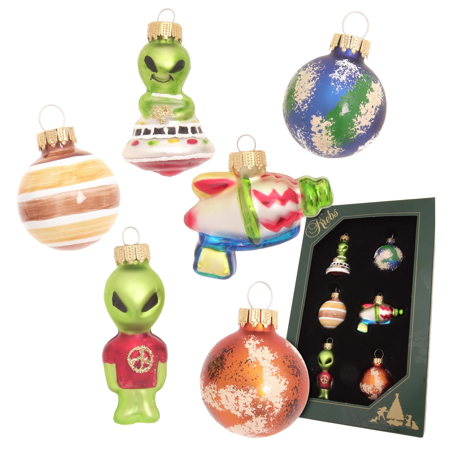 Krebs Glas Lauscha Weihnachtsornamente Miniaturen Alien 6-tlg. Set, detailreiche Glasfiguren von Alien, Planet und Raumschiff.