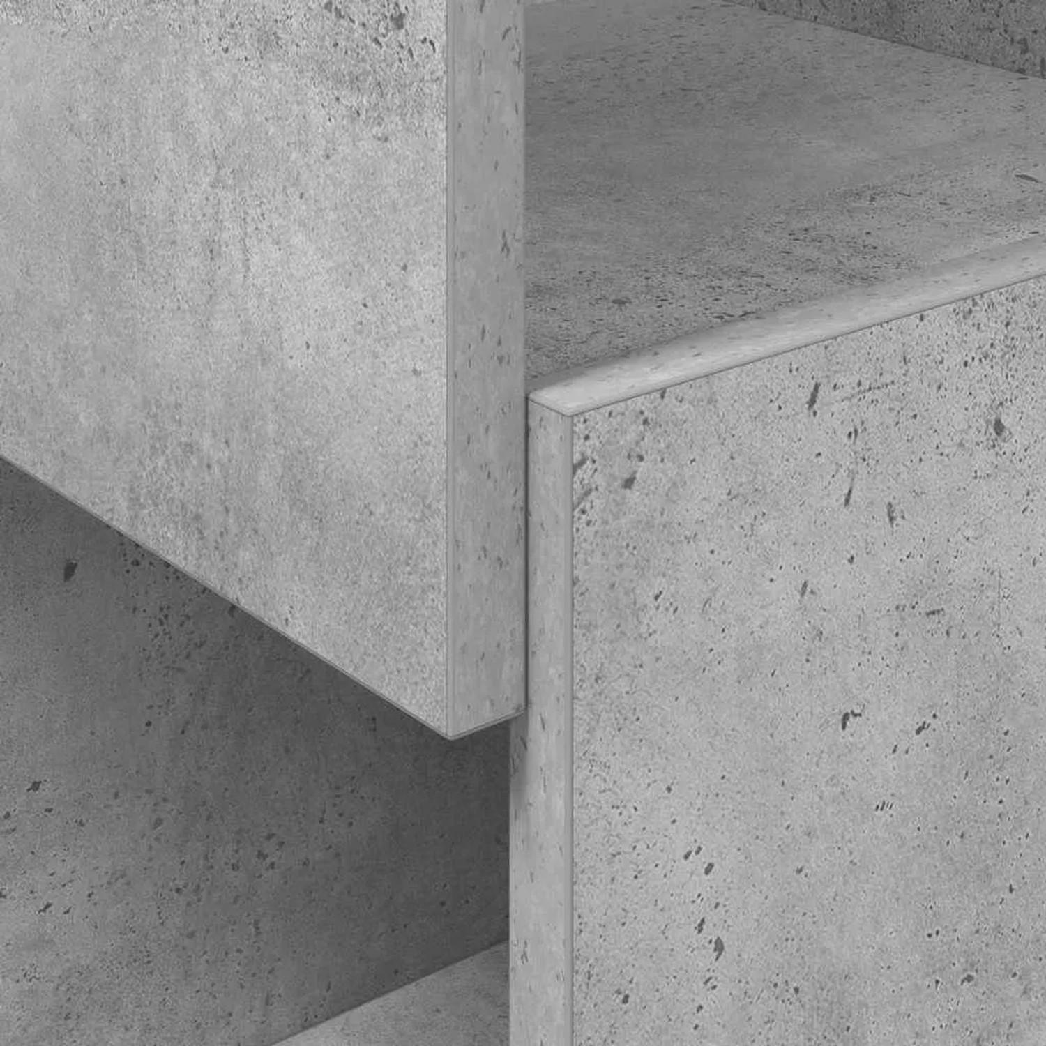 Nahaufnahme des vidaXL Eckschranks in Beton Grau. Die Holzwerkstoff-Oberfläche zeigt eine moderne Betonoptik und scharfe Kanten.