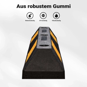Robuster Wiltec Radstopper aus schwarzem Gummi mit gelben Reflexstreifen, ideal als Einparkhilfe.