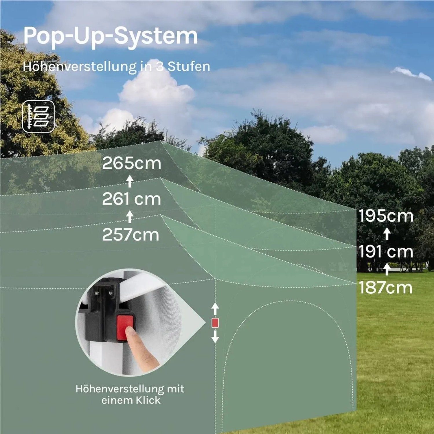 Detailaufnahme: Höhenverstellung des grauen WOLTU Pavillons 3x6 m mit UV-Schutz 50+.