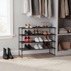 Relaxdays Schuhregal Metall Schwarz Stapelbar Stecksystem 4 Ebenen 72 cm x 92 cm x 30 cm