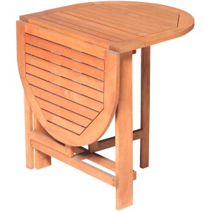 Ovaler Klappentisch aus Eukalyptusholz für den Balkon, platzsparend zusammengeklappt.