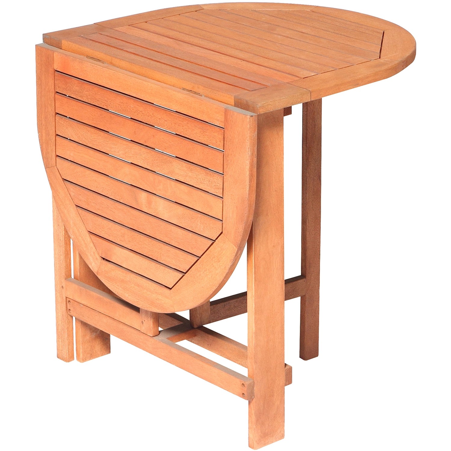 Ovaler Klappentisch aus Eukalyptusholz für den Balkon, platzsparend zusammengeklappt.