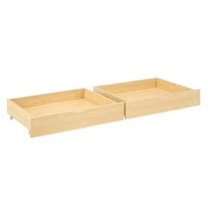 Zwei naturfarbene Bettkästen aus Kiefernholz auf Rollen, einer leicht geöffnet, für Stauraum unter dem Bett.