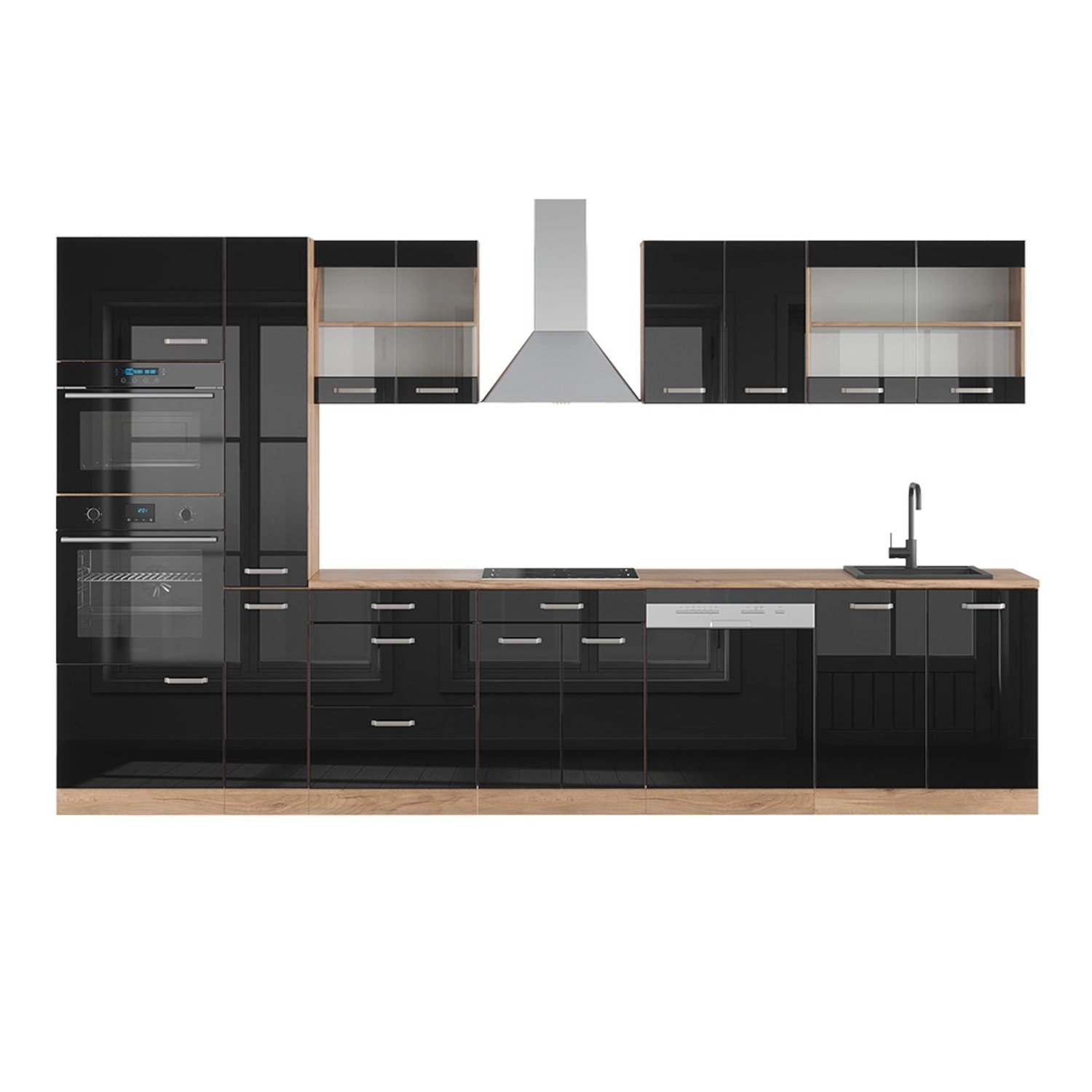 Vicco R-Line Küchenzeile Schwarz Hochglanz 350 cm mit HochschrankAP Eiche günstig online kaufen