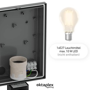 Detailaufnahme: Oktaplex Alto Außenleuchte, E27 Fassung, Gehäuse geöffnet, Leuchtmittel nicht enthalten.