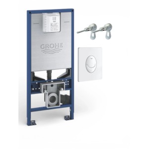 Grohe Rapid SLX WC-Vorwandelement mit Spülkasten, blauer Rahmen, silberner Abdeckung und weißer Skate Betätigungsplatte.