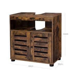 Brauner Vasagle Waschbeckenunterschrank (60x30x63cm) im rustikalen Stil mit Lamellentüren.