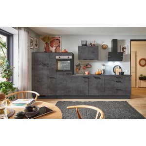 Moderne pino Küchenzeile, 350cm, Beton Grafitgrau mit Geräte-, Apothekerschrank und E-Geräten.