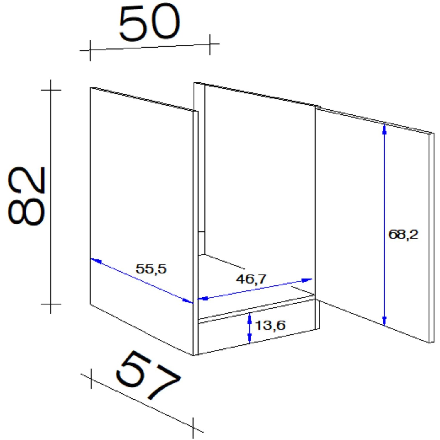 Skizze des Flex-Well Exclusiv Spülenschranks SPU 50 Cara, 50 cm, in Schilfgrün und Artisan Eiche mit Maßangaben.