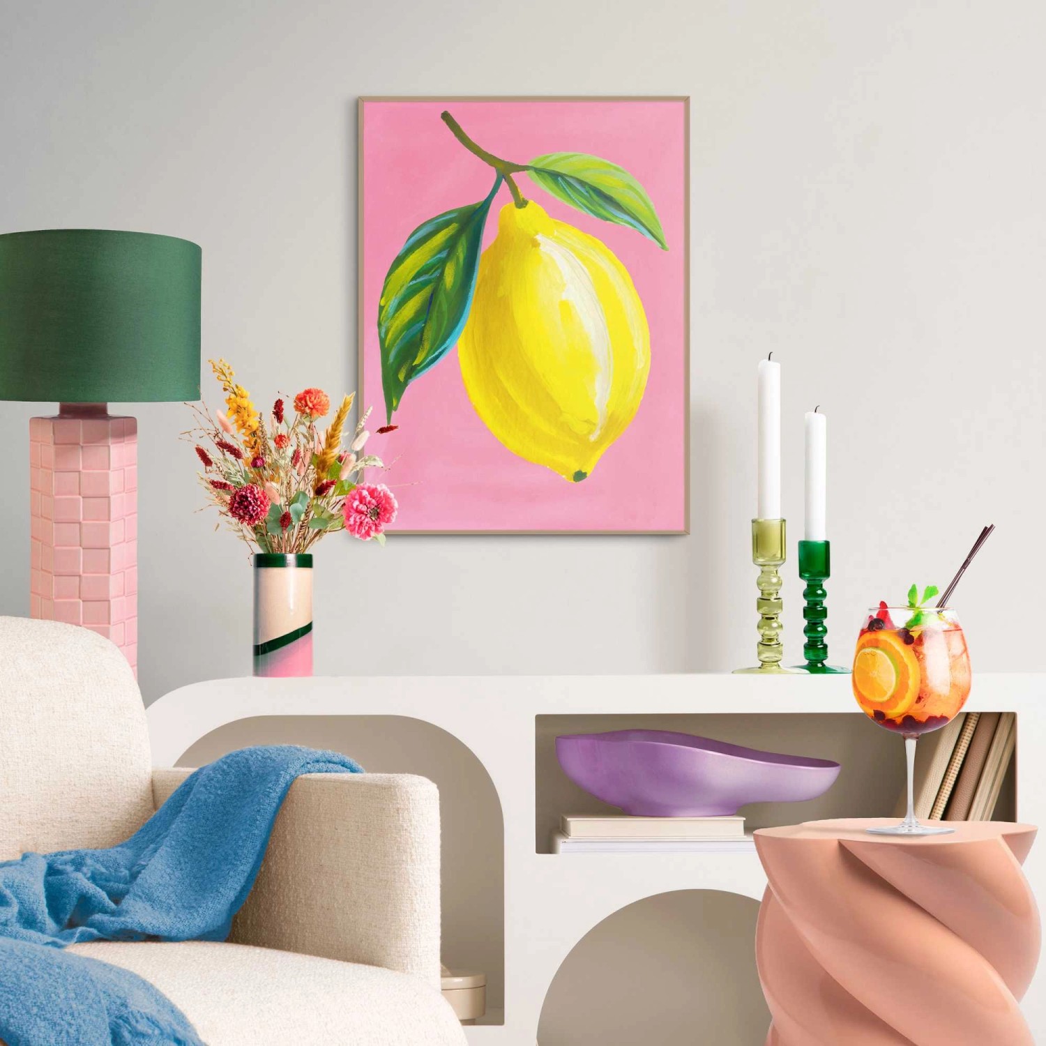 Gerahmtes Bild 'Juicy Lemon' in Gelb/Rosa, 40x30cm, für die Küche.