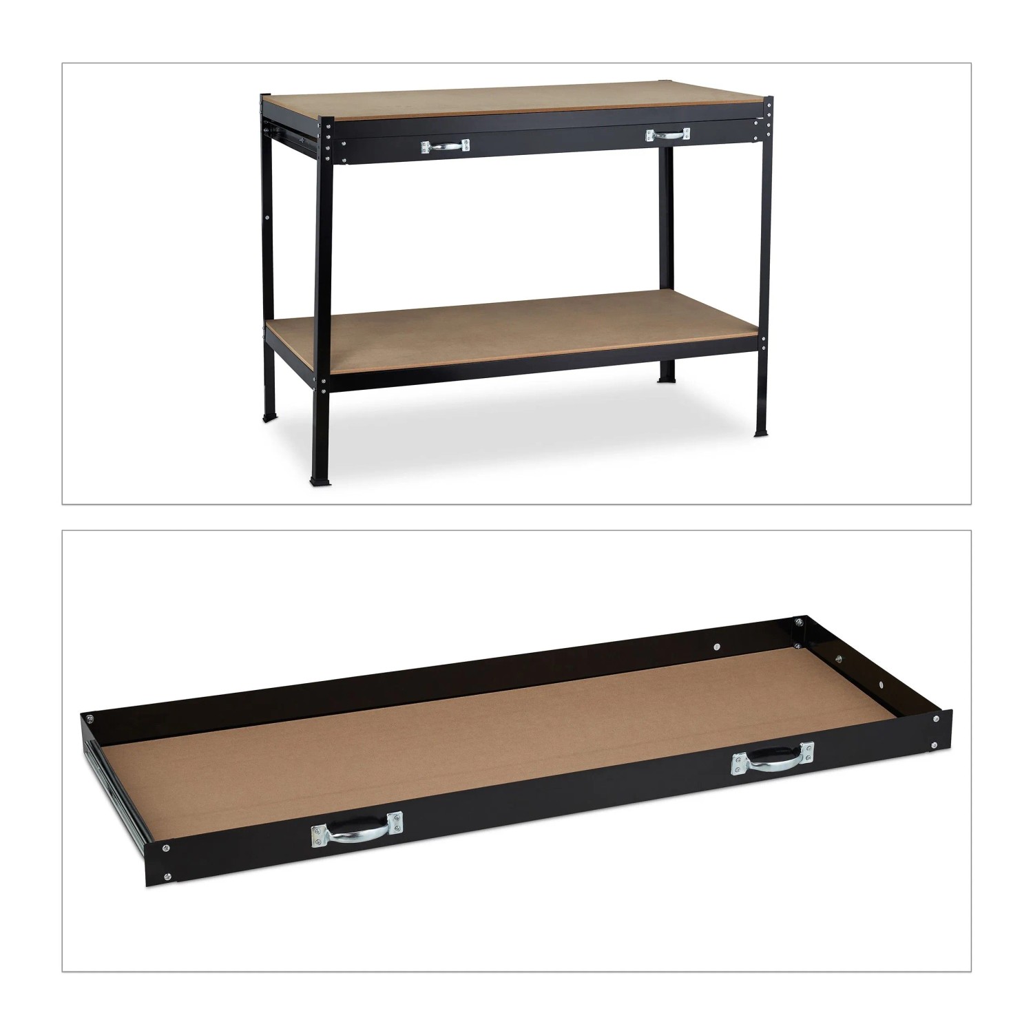 Relaxdays Werkbank mit Schublade Stahl Schwarz Braun 121 cm x 63,5 cm x 90,5 cm