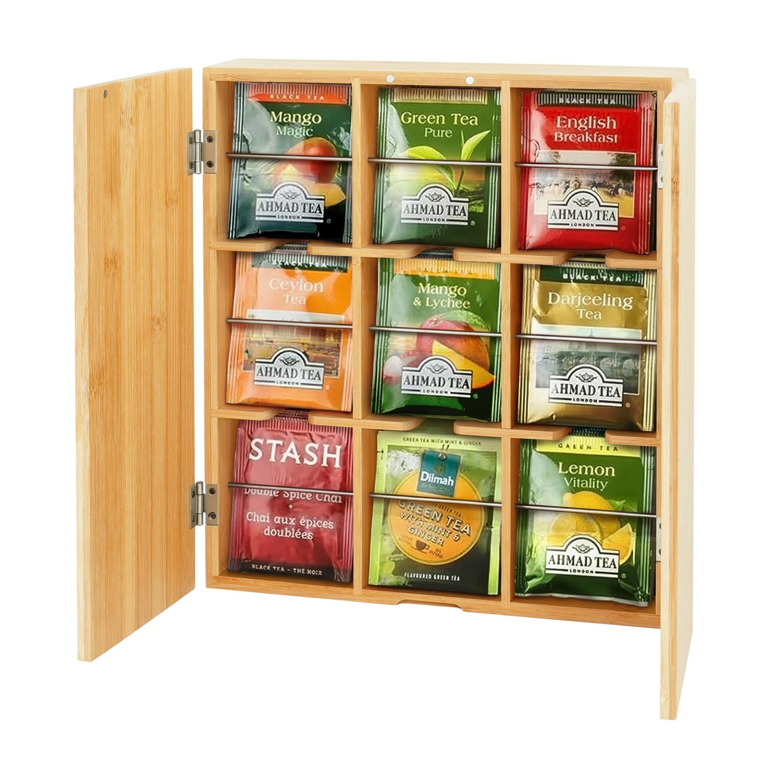 Relaxdays Teebox Bambus Edelstahl Natur 9 Fächer Wandmontage 31 x 26,5 x 7 cm 1,3 kg_5