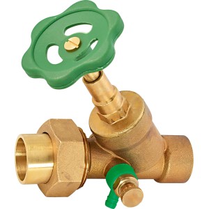 Schrägsitzventil Ø 28 mm aus Messing mit grünem Handrad zur Durchflussregelung.