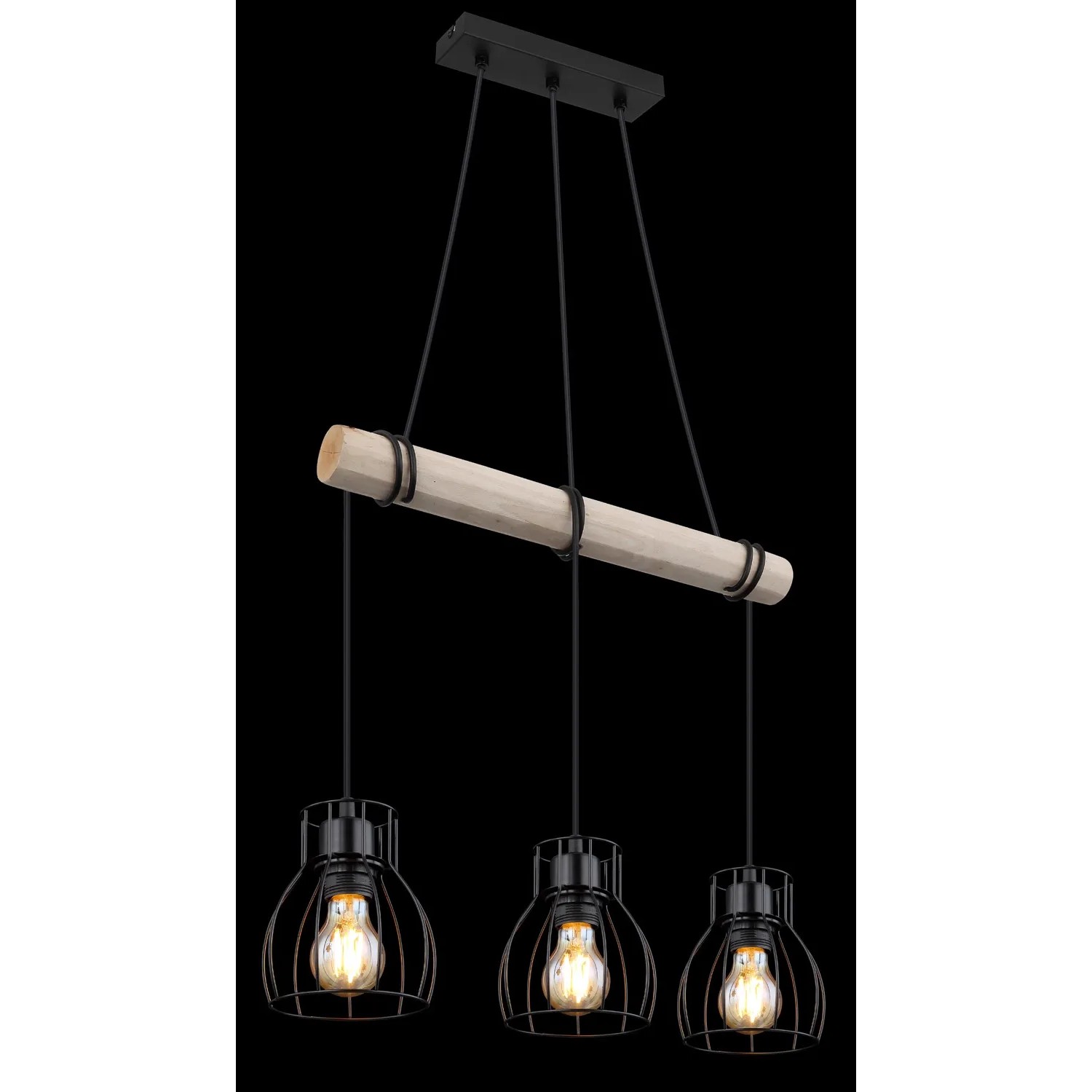Globo Hängeleuchte Mina, 3-flammig, Holzfarben/Schwarz. Pendelleuchte mit Holz und Metall.