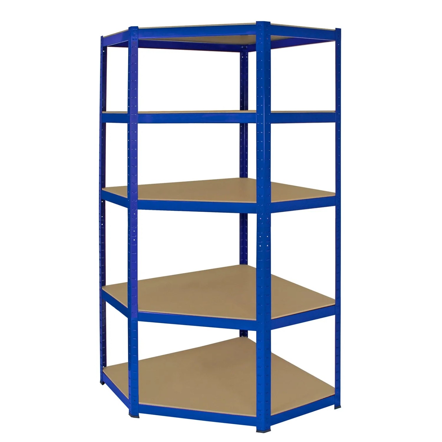 Blaues Eckregal-Set: 1 Eckregal (90cm) + 2 Regale (90cm) von Monster Racking. Regalböden aus MDF.