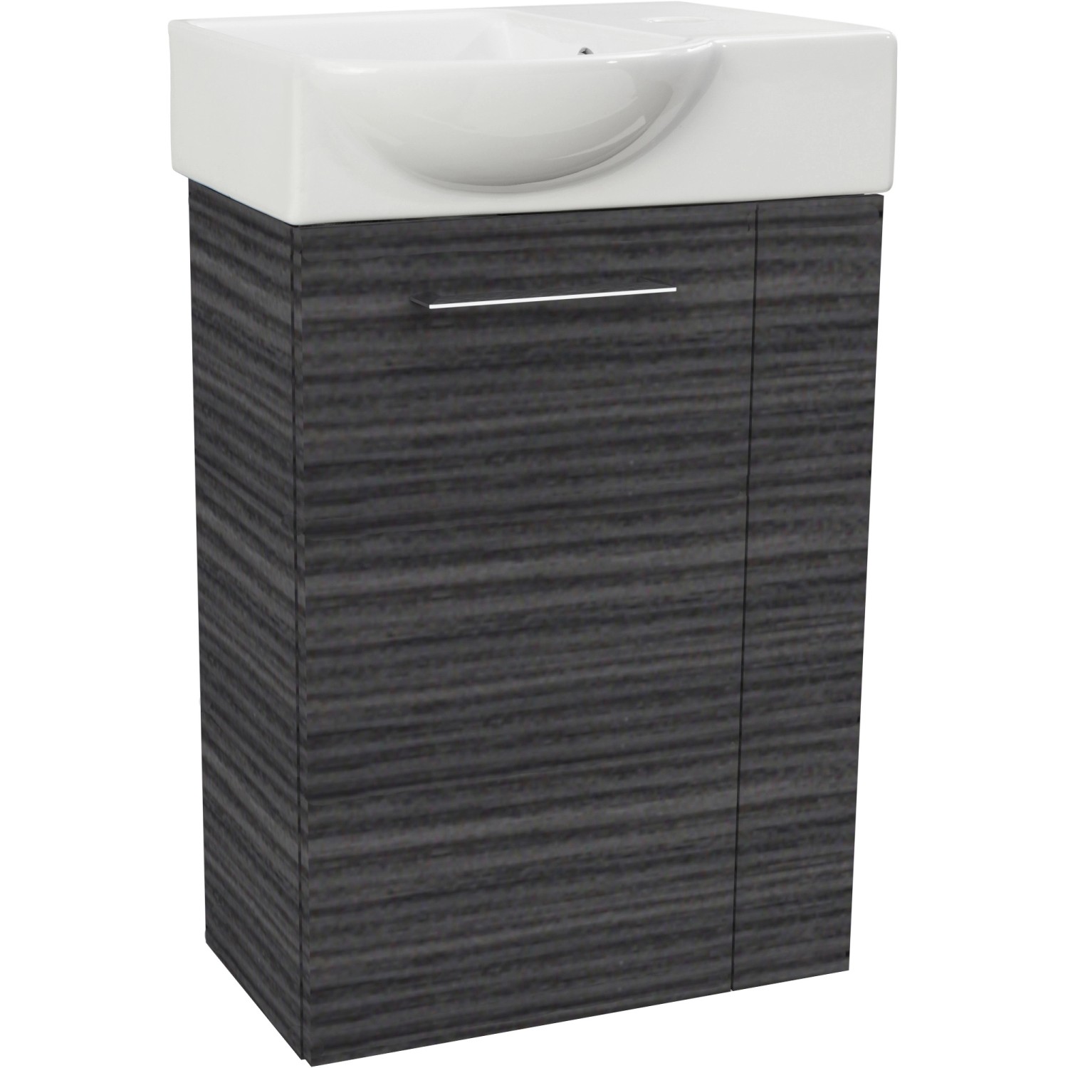 Fackelmann Waschbeckenunterschrank SBC Dark Oak, 44 cm breit, mit weißem Waschbecken.