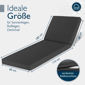 Beautissu Deckchair Auflage, 2er Set, anthrazit, 190x60cm, wasserabweisend. Gartenmöbel Sitzkissen mit Maßen.