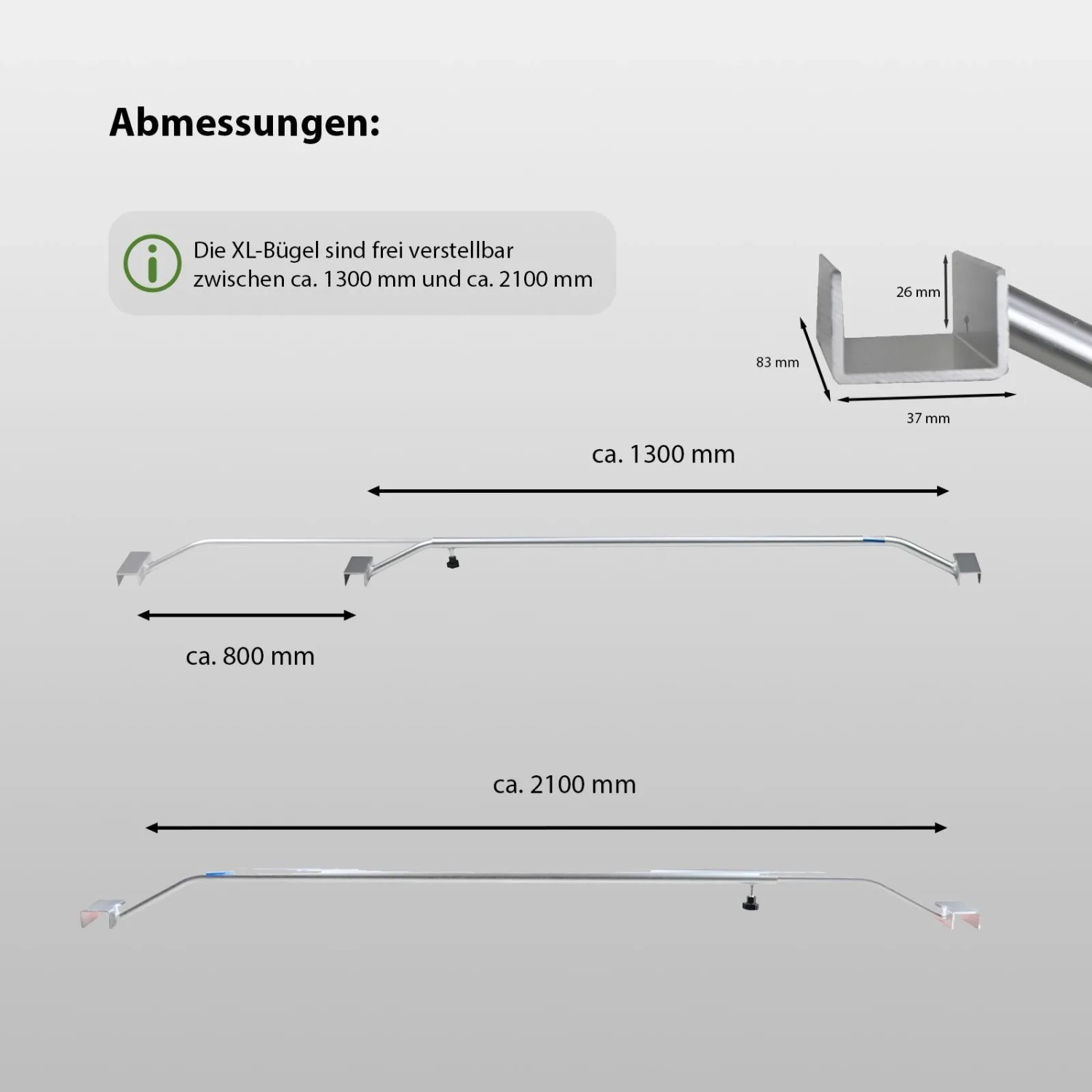 Abbildung der verstellbaren Alu-Bügel für TRUTZHOLM Anhänger Flachplane mit Maßangaben.