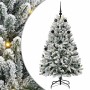 Künstlicher Weihnachtsbaum 150 cm, grün-weiß geflockt, mit schwarzen Kugeln und warmweißen LEDs.