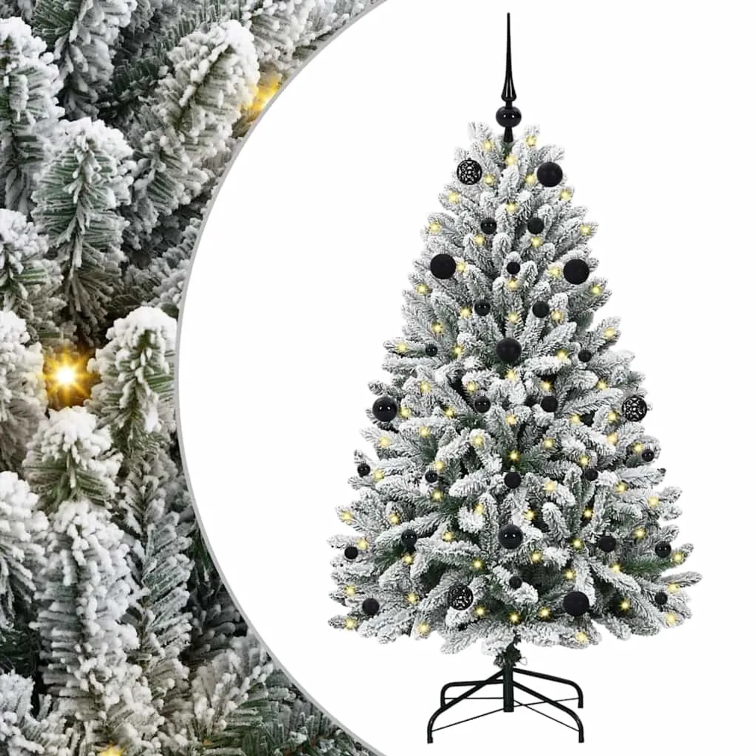 Künstlicher Weihnachtsbaum 150 cm, grün-weiß geflockt, mit schwarzen Kugeln und warmweißen LEDs.