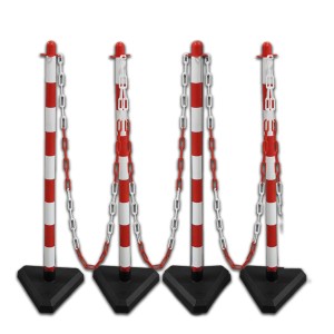 UvV Kettenpfosten Lugano Set, 4 rot-weiße Pfosten mit Betonfuß und 10m Kette zur Baustellenabsicherung.