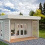 Palmako Gartenhaus Caroline aus unbehandeltem Holz mit Flachdach. Sockelmaß 434x390 cm.