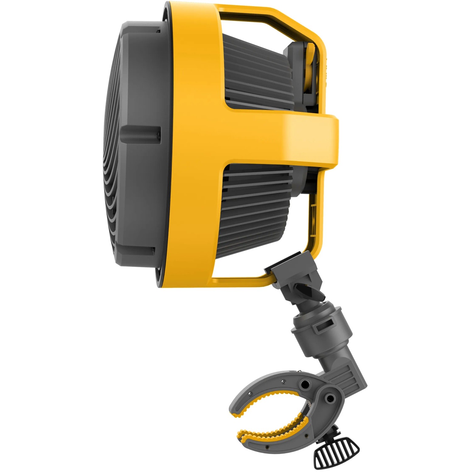 Vornado Heavy Duty EXO5 Ventilator mit gelbem Rahmen und Klemme für flexible Montage.