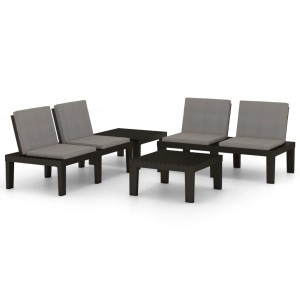 Graues 4-tlg. vidaXL Garten-Lounge-Set aus Kunststoff mit Auflagen und zwei Tischen.