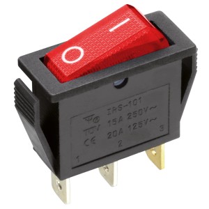 Roter, schmaler Blanko Wippschalter, beleuchtet mit I-O Aufdruck für Schalterprogramme.