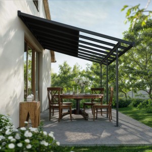 Graue Canopia Sierra Cabrio Terrassenüberdachung mit flexiblem Schiebedach. Robuste Aluminium-Polycarbonat-Konstruktion für Terrasse.