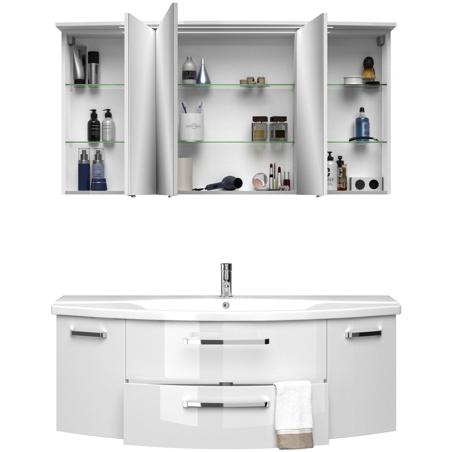 Pelipal Badmöbel-Set Serie 4010, 144 cm, Weiß Hochglanz mit Waschbecken, Unterschrank und Spiegelschrank.