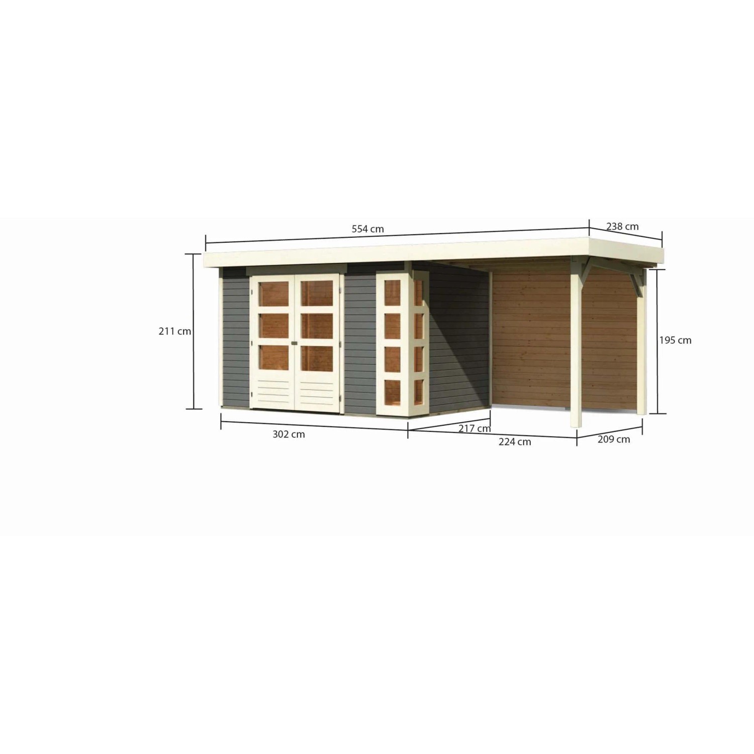 Karibu Holz-Gartenhaus Sölve, terragrau, mit Flachdach und Anbau. Gartenhaus mit Doppeltür und überdachter Fläche.