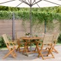 5-teilige Garten-Essgruppe aus Akazienholz und Rattan unter Sonnenschirm im Garten.