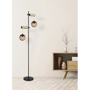 Moderne Globo Stehlampe Fitz, 2-flammig, schwarz-gold mit rauchfarbenen Glasschirmen.
