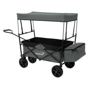 Grauer Hauki Bollerwagen L, faltbar mit Dach. Ideal als Transportwagen für Kinder beim Camping.