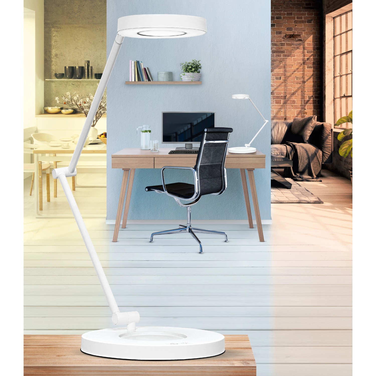 Weiße Ledvance Sun@Home Smart+ Tischlampe (70 cm) im Homeoffice.