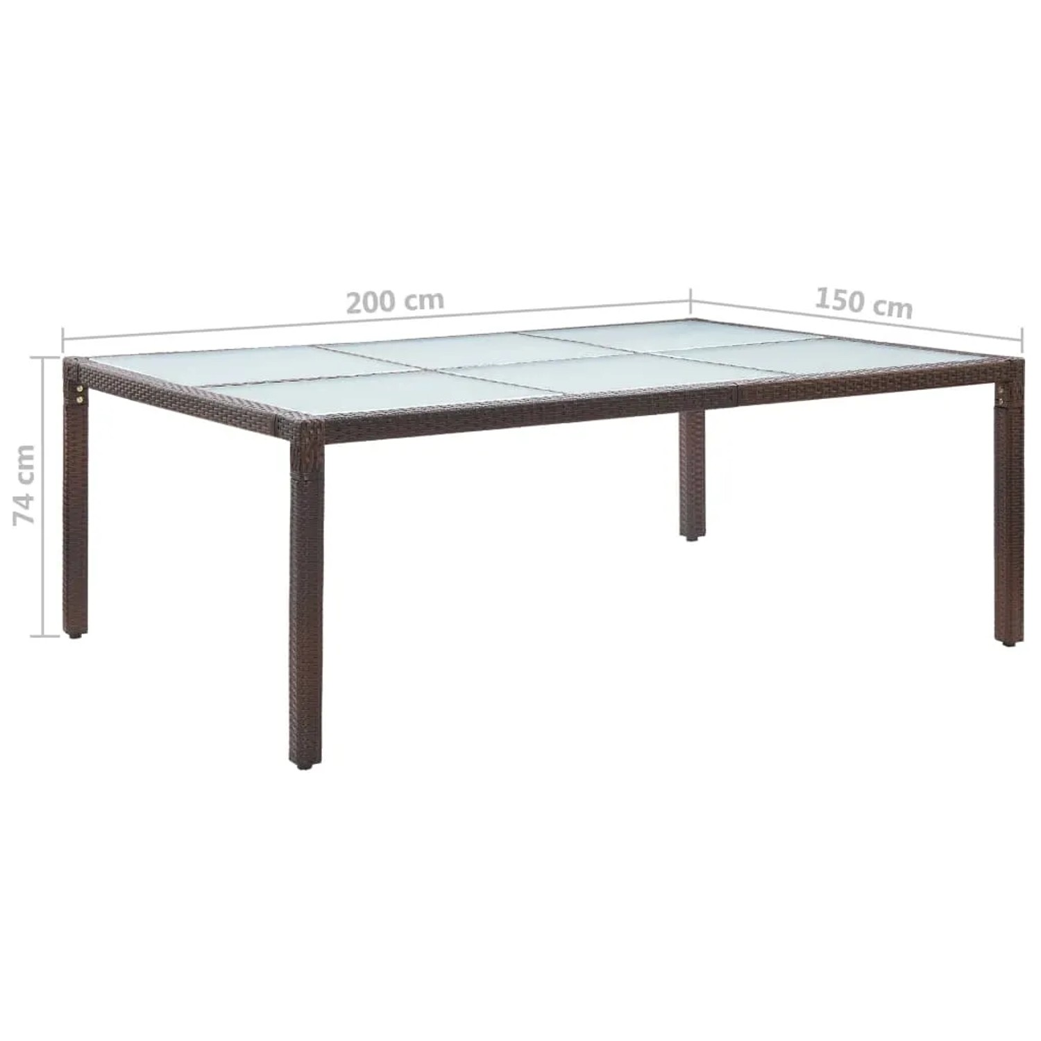 Brauner vidaXL Garten-Esstisch aus Poly Rattan mit Glasplatte, 200x150x74 cm.