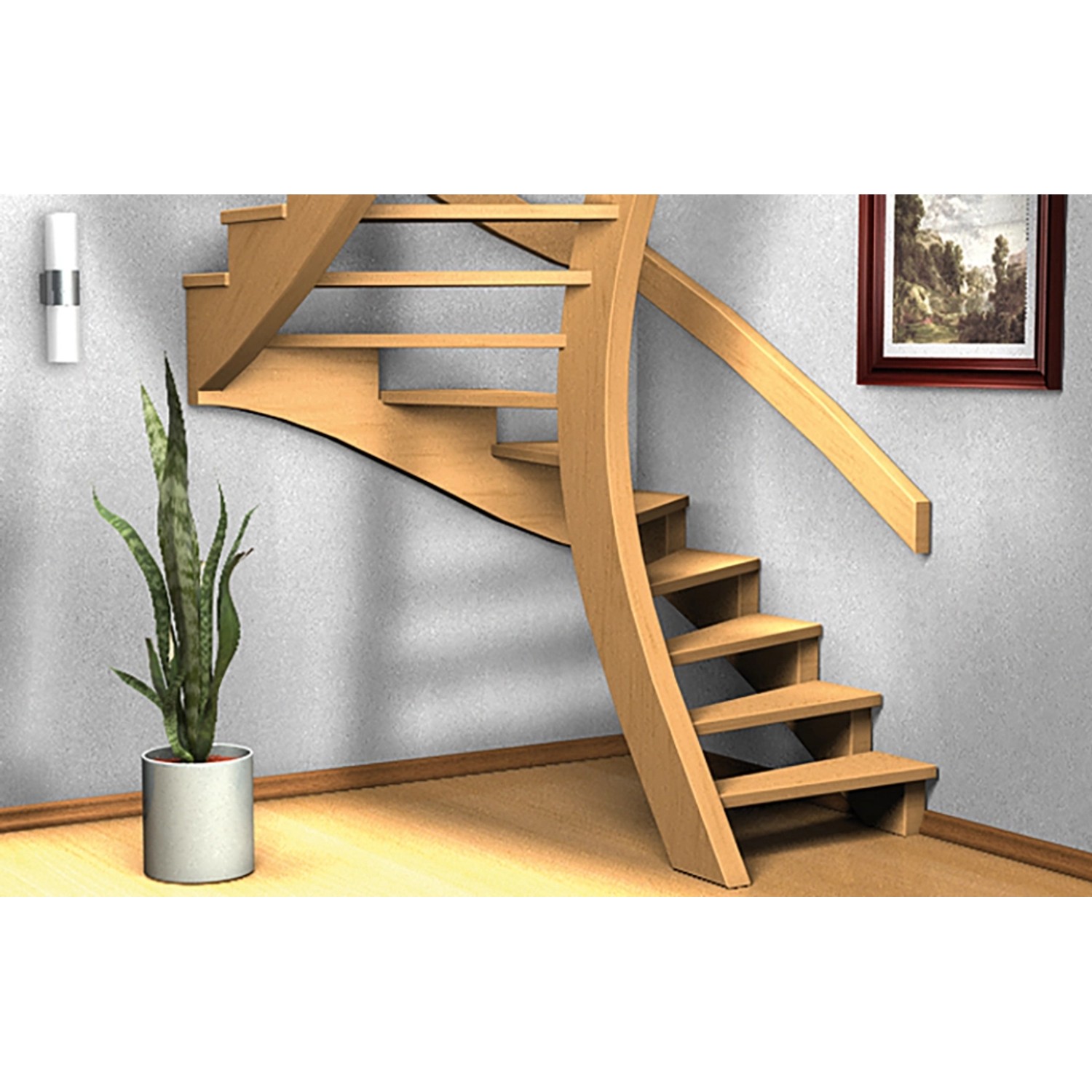 Holztreppe mit gewundenem Geländer, Zimmerpflanze und Wandbild im Hintergrund.