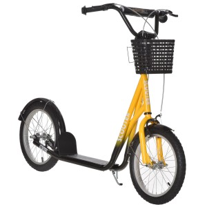 Gelb-schwarzer Kinderroller mit Korb und verstellbarer Höhe für sichere Fahrten.