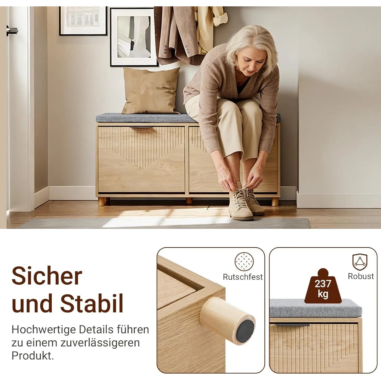 SoBuy Schuhbank FSR211-N mit Sitzfläche, Schuhschrank mit 2 Klappen in Holzoptik. Frau sitzt drauf und bindet Schuhe.