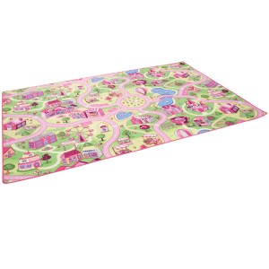 Rosa Kinder Straßenteppich 160x160cm mit Stadtmotiv für fantasievolles Spielen.