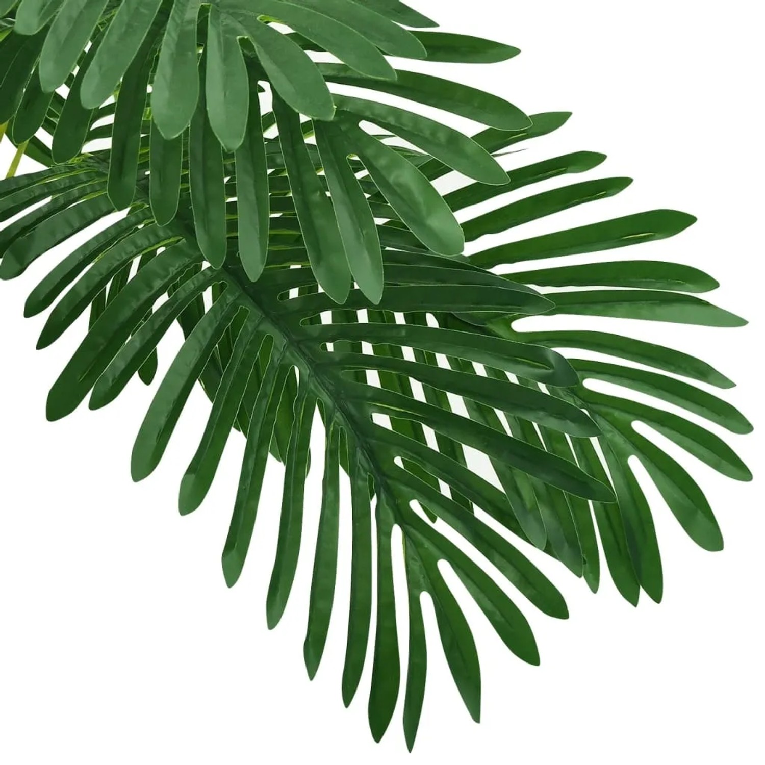 Detailaufnahme der grünen Blätter einer künstlichen Cycas Palme von vidaXL, ideal als Zimmerdeko.