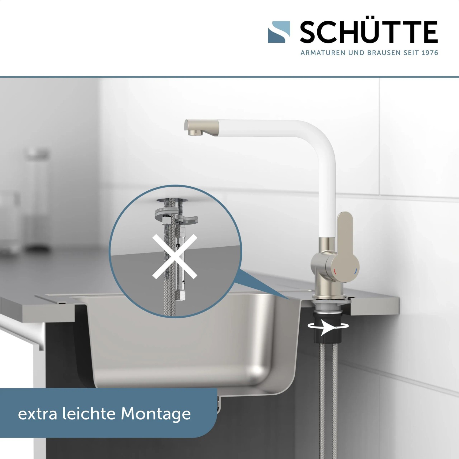 Schütte Küchenarmatur Rio in Edelstahloptik-Weiß mit Montage unter Spüle.